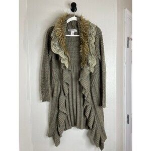 Boho Ruffle Cardigan • Faux Fur Collar Lace Trim Sweater L — Cottagecore/Shabby